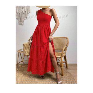 One Shoulder Ruffled Hem Maxi Sundress with Side Slit LARGE